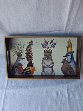 Decorative Wildlife Wood Laquer Serving Tray in Cream and Brown 12 ×7 ins
